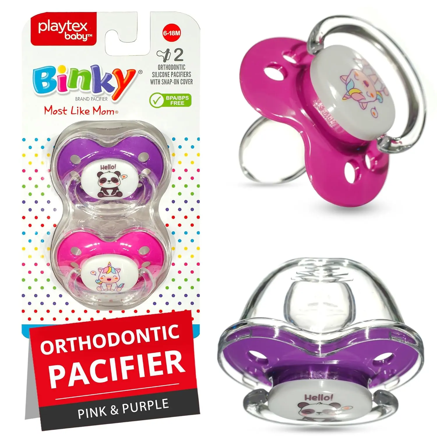 Playtex Baby Binky Orthodontic Pacifier with Air Comfort Shield Medical Grade Silicone Pink & Purple 2 Count for 6M+