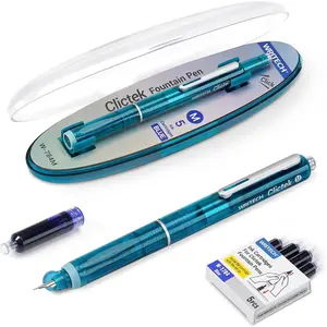 Fountain Pen Set: Retractable Style Blue Ink Medium Nib Transparent Barrel, Includes 5 Ink Cartridges for Gift, Smooth Writing No Leaking