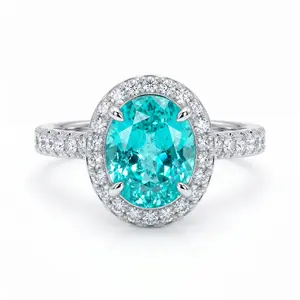 ZR Custom Oval Ice-Cut 8*10MM Paraiba Lab-Grown Gemstone S925 Sterling Silver Halo Engagement Ring-【Eren】#4569