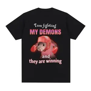 Funny I Am Fighting My Demons and The Are Winning Rat Meme T-shirt Women Fashion Creative T Shirts Short Sleeve T-shirts