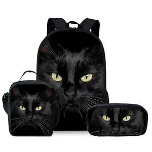 3Pcs Mysterious Black Cat Print Backpack Set Durable 600D Oxford Cloth School Bag Insulated Lunch Box & Pencil Case Combo Adjustable Breathable Strap Large Capacity Fits 15in Laptop for Kids Teens School Travel Outdoor Use
