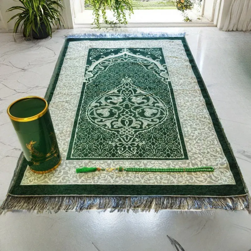 Prayer Rug and Prayer Beads with Elegant Design Cylinder Gift Box, Janamaz, Soft Sajadah, Islamic Gifts Set, Portable Prayers Carpet Mat, Muslim Prayer Rugs, Prayer Mats