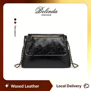 BELINDA Vintage Patent Leather Chain Bag - Crinkle Texture Flap Shoulder & Crossbody Handbag, Zipper Closure Multi Compartment Purse, Large Capacity Organizer, Elegant Style for Work, Party & Daily Use outdoorfun