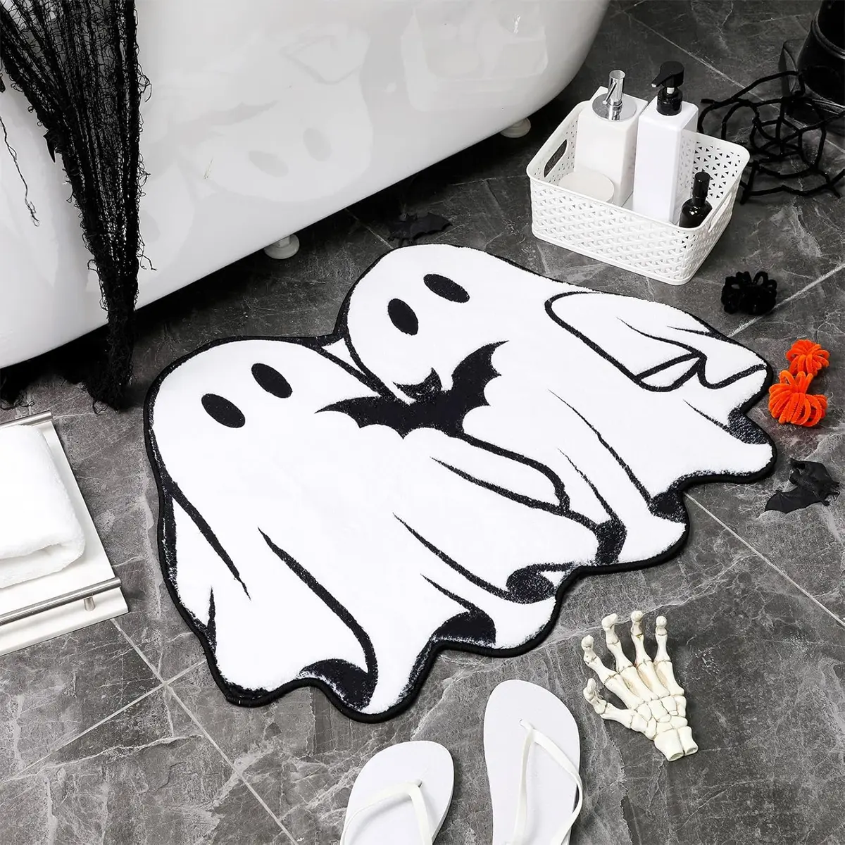 Halloween Ghost Bat Plush Bath Mat, Soft Water Absorbent Bathroom Rug, Fun Decorative Floor Mat for Bedroom, Bedside, Doorway, Casual Areas, Bathmat