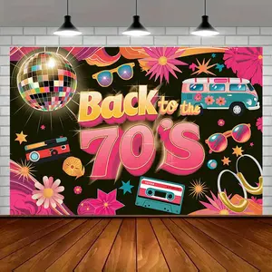 Retro Disco Party Backdrop Banner, 1pc Reusable Polyester Banner with Vibrant Multicolors, "Back to the 70's" Text, Flowers, Stars, Nostalgic Items - Ideal for Birthday, Home Parties