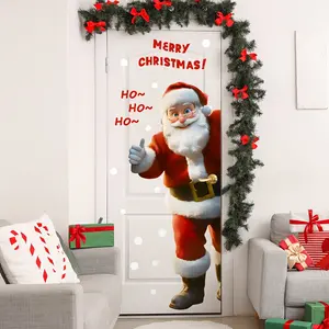 Modern Santa Claus door wall sticker, PVC self-adhesive holiday decoration, single use, Santa Claus wishes you a Merry Christmas and hahaha, suitable for bedroom, living room and home decoration, Home Ornament