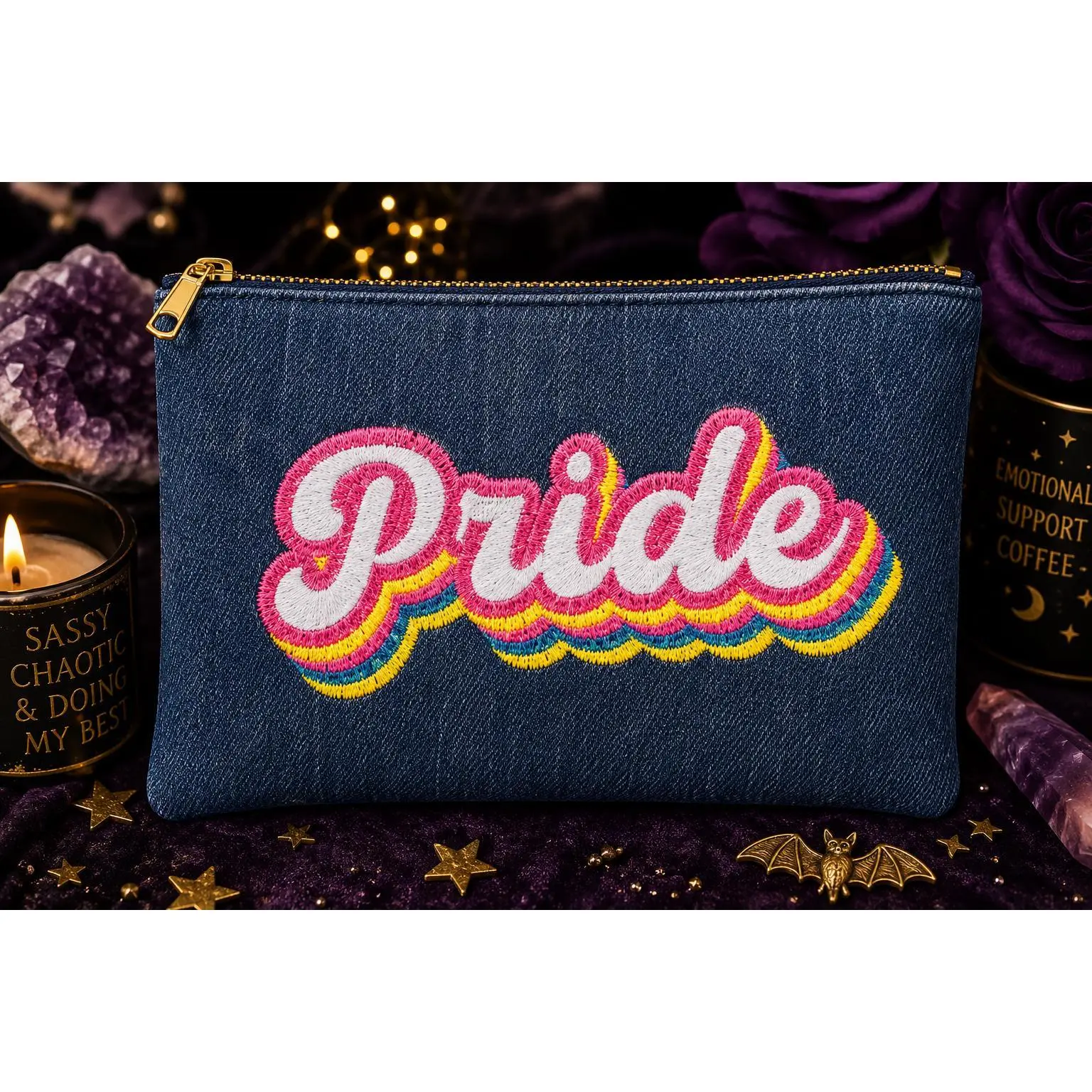 Embroidered Denim Pride Pouch | LGBTQ+ Handmade Cosmetic Travel Bag