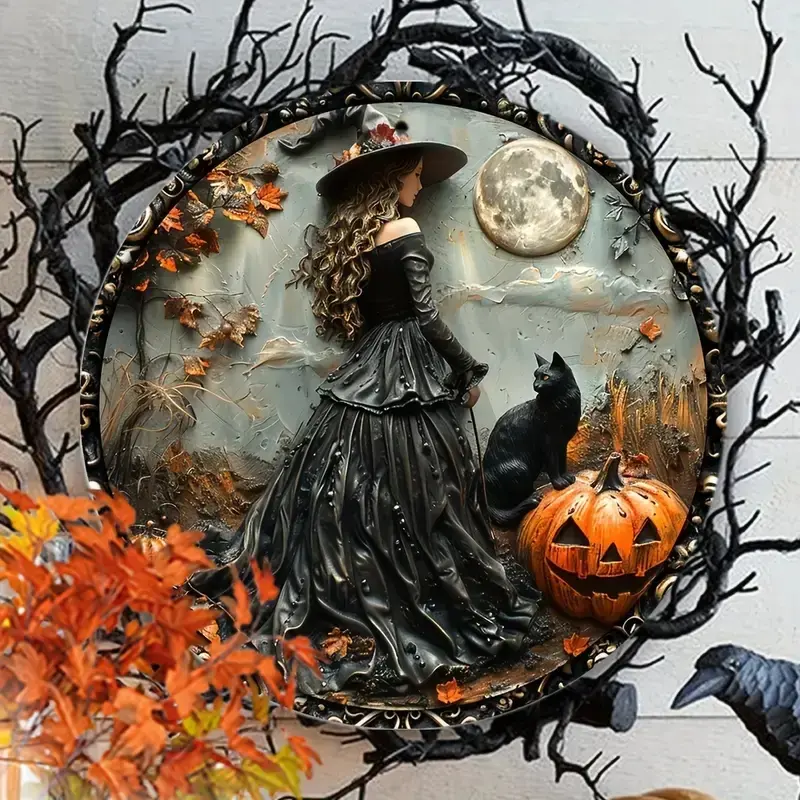 Halloween Gothic Witch Wooden Sign, Cat Ghost Pumpkin Lantern, Waterproof Indoor Outdoor Wall Art, Home Office Festive Party Decor, Pre-Drilled Holes, Weatherproof Tin Plaque, Halloween Garden Decoration, Creative Gift for Halloween Celebrations (1 Piece)