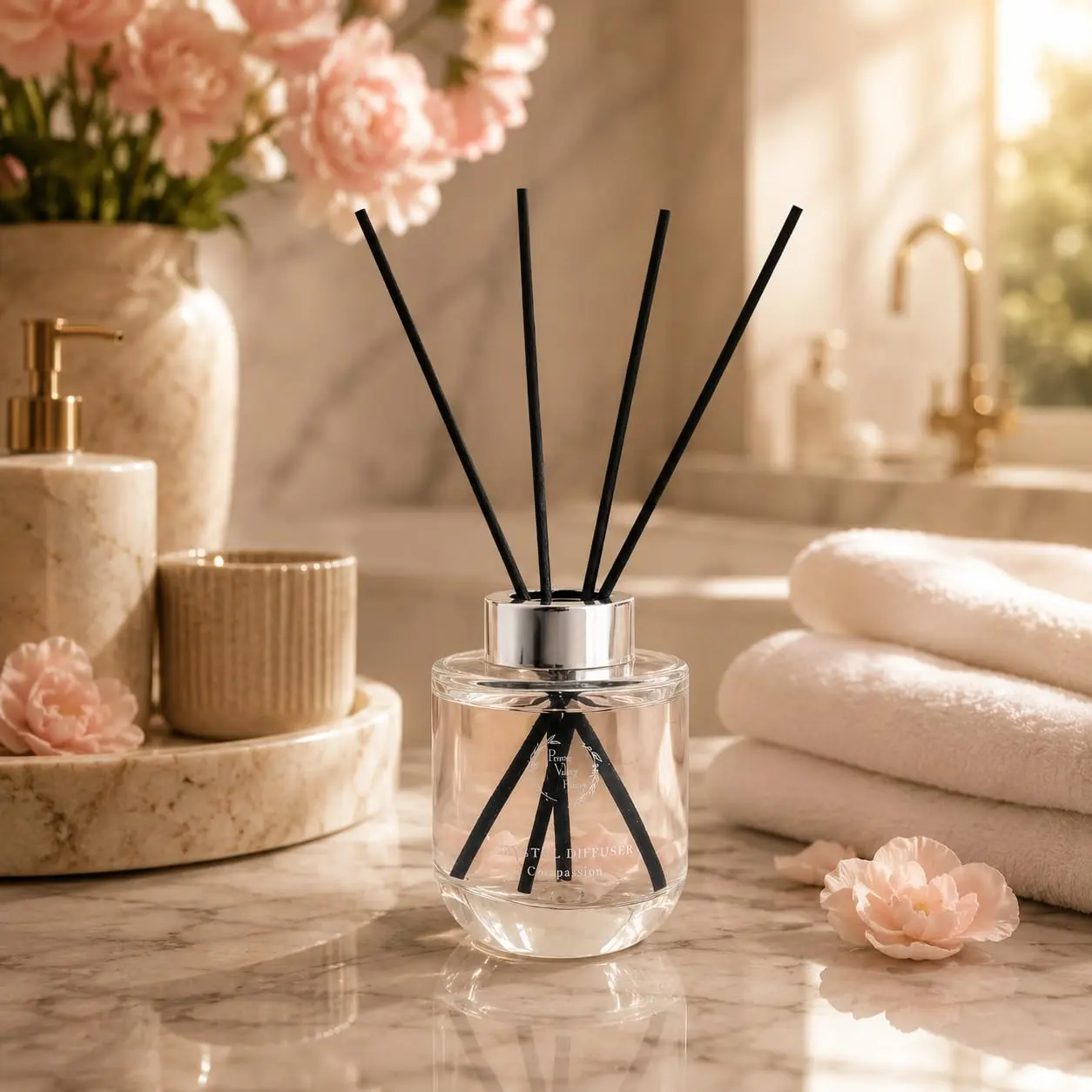 Pretty Valley Home- 100ml/3.52fl oz Reed Diffuser Set - Gift Box with Fragrance Oil, Glass Bottle, Reed Sticks for Office, Living Room Home Decor (Compassion)