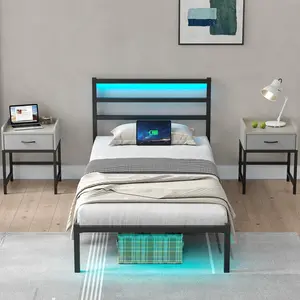 CollaredEagle Twin/Full Size Bed Frame with Headboard, Metal Platform Bed Frame with LED, Charging Station, No Box Spring Needed, Easy Assembly, Noise Free
