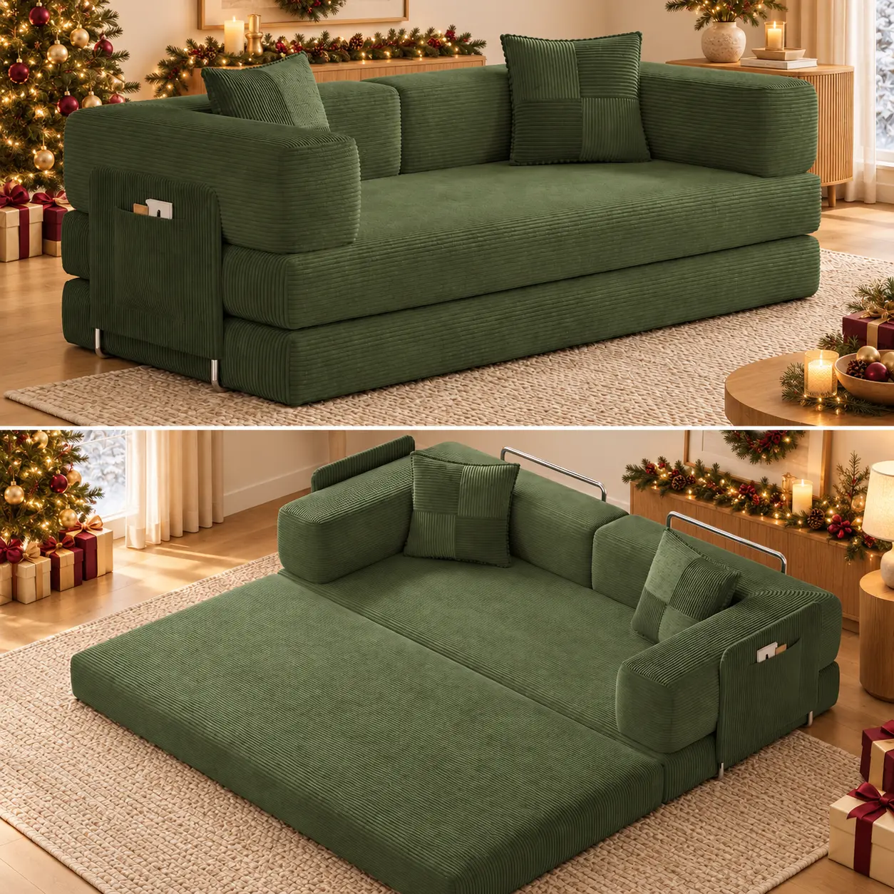 78.8" Corduroy Convertible Indoor Sofa Bed - No-Assembly Boneless Fold Out Couch with Storage Pocket, Futon Couch Loveseat for Living Room Decor, Dorm Essentials,familyfun