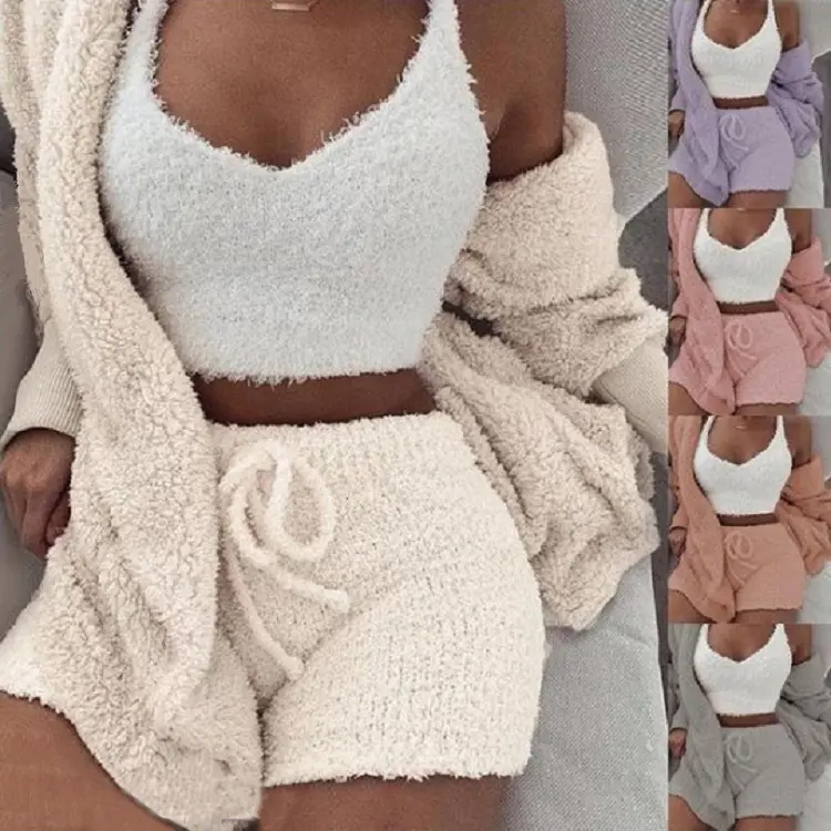 3-Piece Women’s Lounge Set – Long Sleeve Crop Top & Drawstring Shorts