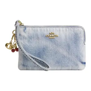 COACH Retro Denim Clutch with Charm Accent and Corner Zipper in Light Indigo for Women