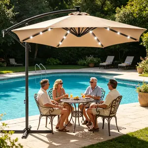 【SummerVibes】Solar Lights Offset Cantilever Patio Umbrella - Light and Base, LED Lighted Offset Hanging Patio Outdoor Market Umbrella UPF50+ UV Protection with Easy Tilt and Crank