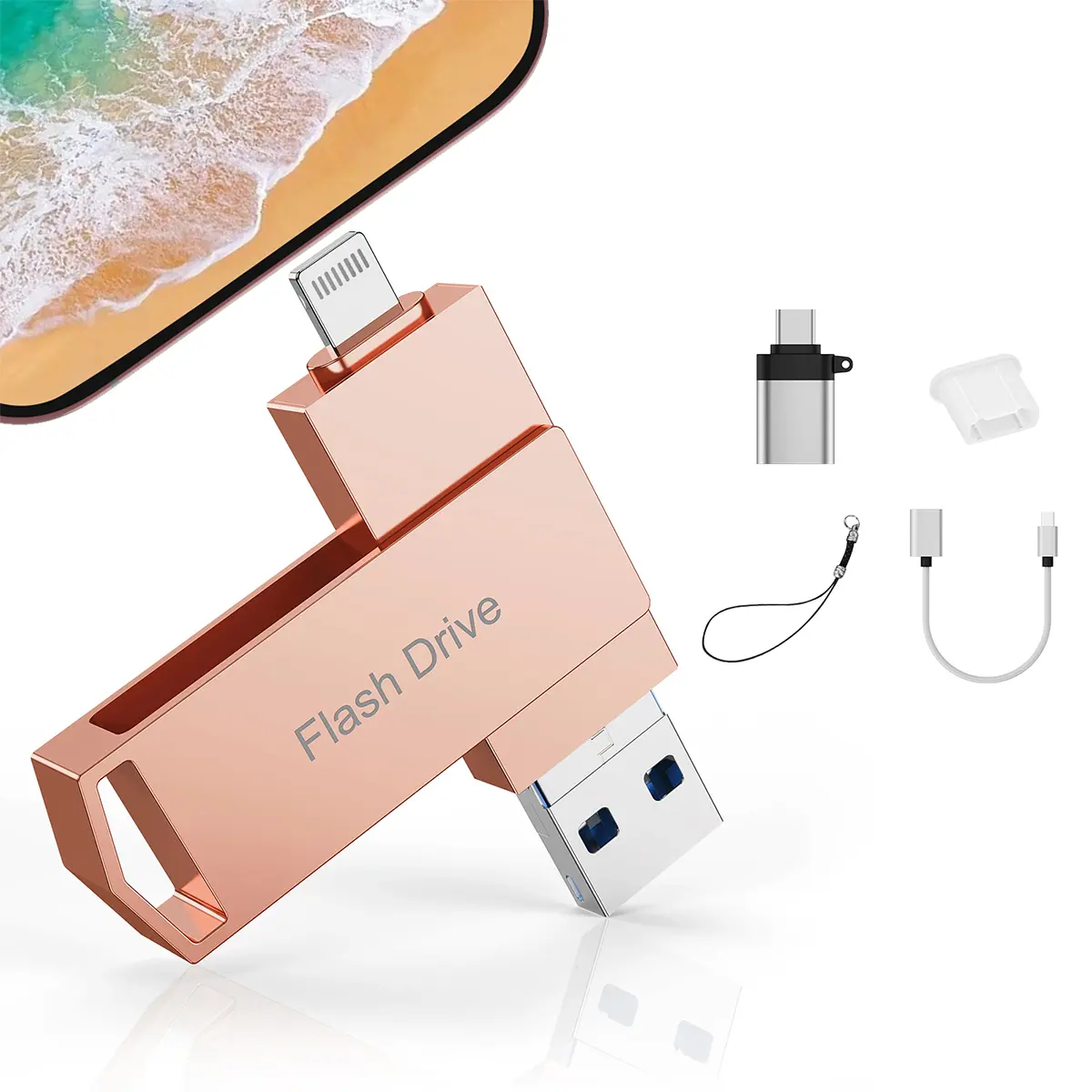 AOBO MFi Certified 512GB Stick 4 in 1 Multi Device High Speed Flash Drive USB 3.0 Memory Storage OTG Flash Pen Drive with Free Type-C Adapter for iPhone/Android/PC and More Devices 256GB Silver Pink, Portable Flash Drive