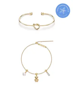PAVOI 14K Gold Plated Adjustable Bracelet Set for Women - Infinity Love Knot Bangle and 7-Inch Sliding Charm Bracelet with Removable Charms - Team Conrad Bundle