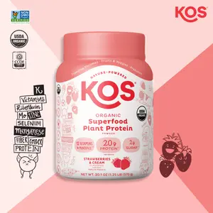KOS Organic Superfood Plant Protein Powder, Strawberry Cream Flavor, 10 Servings, 20g Protein per Serving
