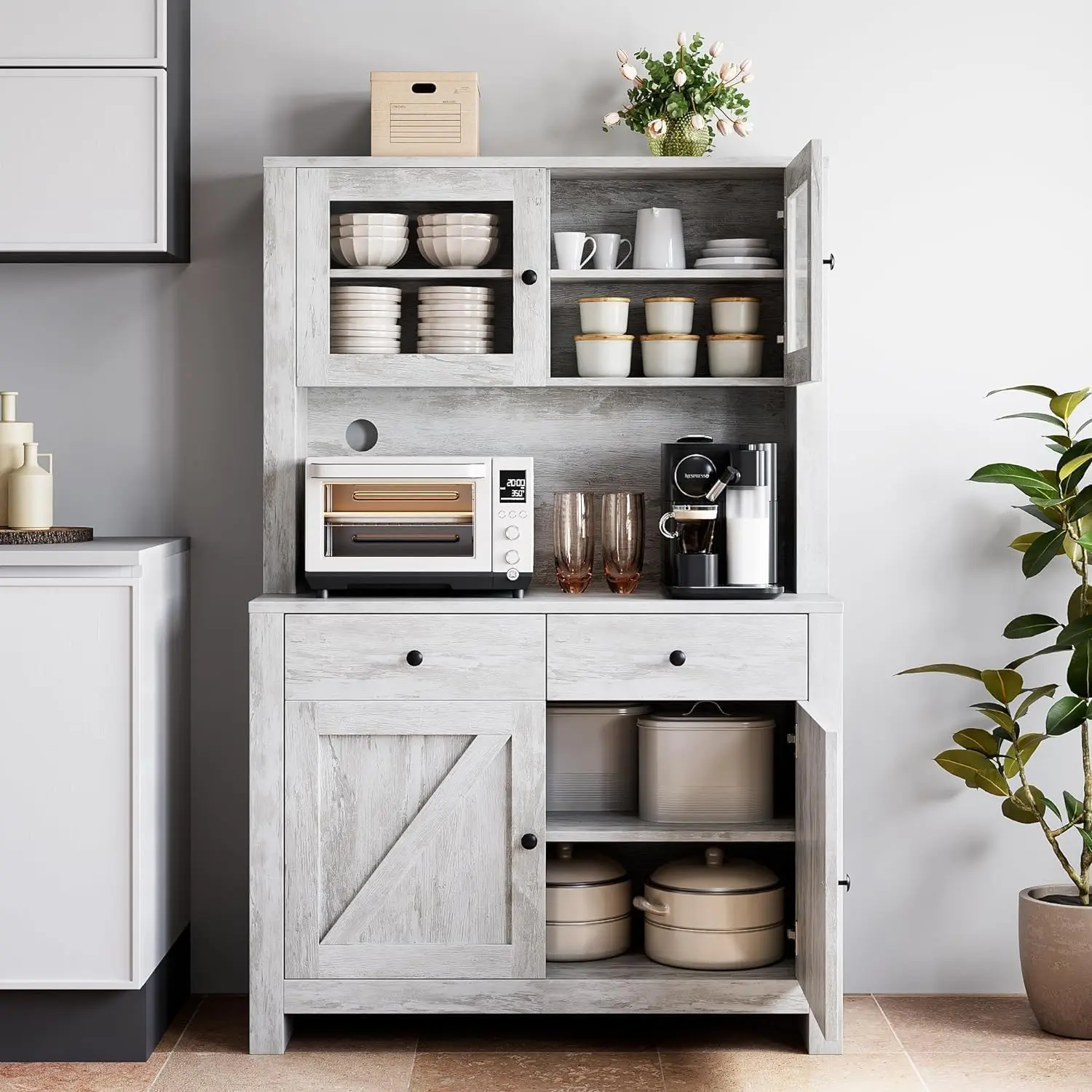 Garvee Freestanding Kitchen Pantry Cabinet with Microwave Stand and Buffet Cupboard Tall Storage with Adjustable Shelves in Grey White and Black for Kitchen Dining Room Modern Farmhouse Design