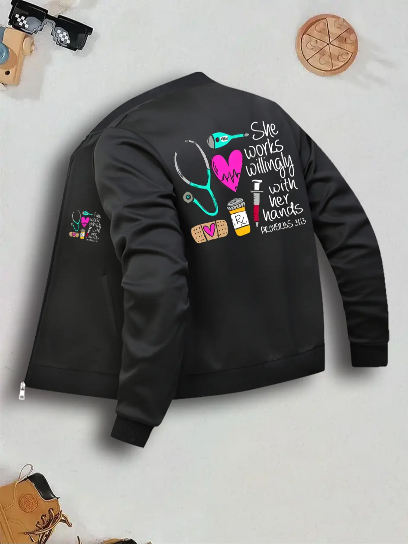Nurse-Themed Women's Casual Fitted Long Sleeve Jacket with Zipper Closure, Pocket Design, Suitable for Outdoor Styles, Daily Wear & Layering Coats, Womenswear