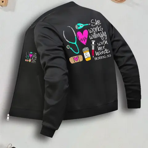 Nurse-Themed Women's Casual Fitted Long Sleeve Jacket with Zipper Closure, Pocket Design, Suitable for Outdoor Styles, Daily Wear & Layering Coats, Womenswear