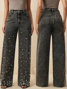 Women's High-End Pearl Starry Denim Jeans, Loose Fit Casual Versatile Straight Leg Pants, Elegant Aesthetic All Seasons Fashion Button