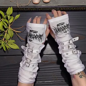 1 pair of Y2K punk fingerless gloves with metal buckles and an embroidered design — black acrylic sleeves, suitable for parties and fashion outfits; accessories; Y2K fashion; durable fashion accessories GARMENTARY