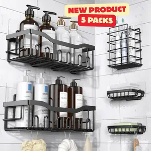 Adhesive Shower Caddy 5 Pack – Rustproof Stainless Steel Bathroom Shelves, No Drilling Wall Mount Storage Organizer, Large Capacity XL Size for Shower, Kitchen & Home