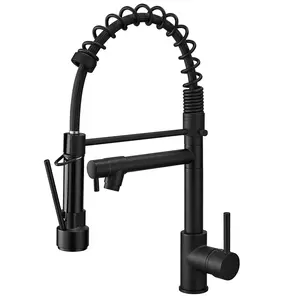 BESy 20 Inch Black Kitchen Faucet with Pull Down Sprayer, Dual Morden Commercial Rv Single Handle Single Hole Double Spout LED Spring Kitchen Sink Faucet with Pot Filler, Matte Black, Brass