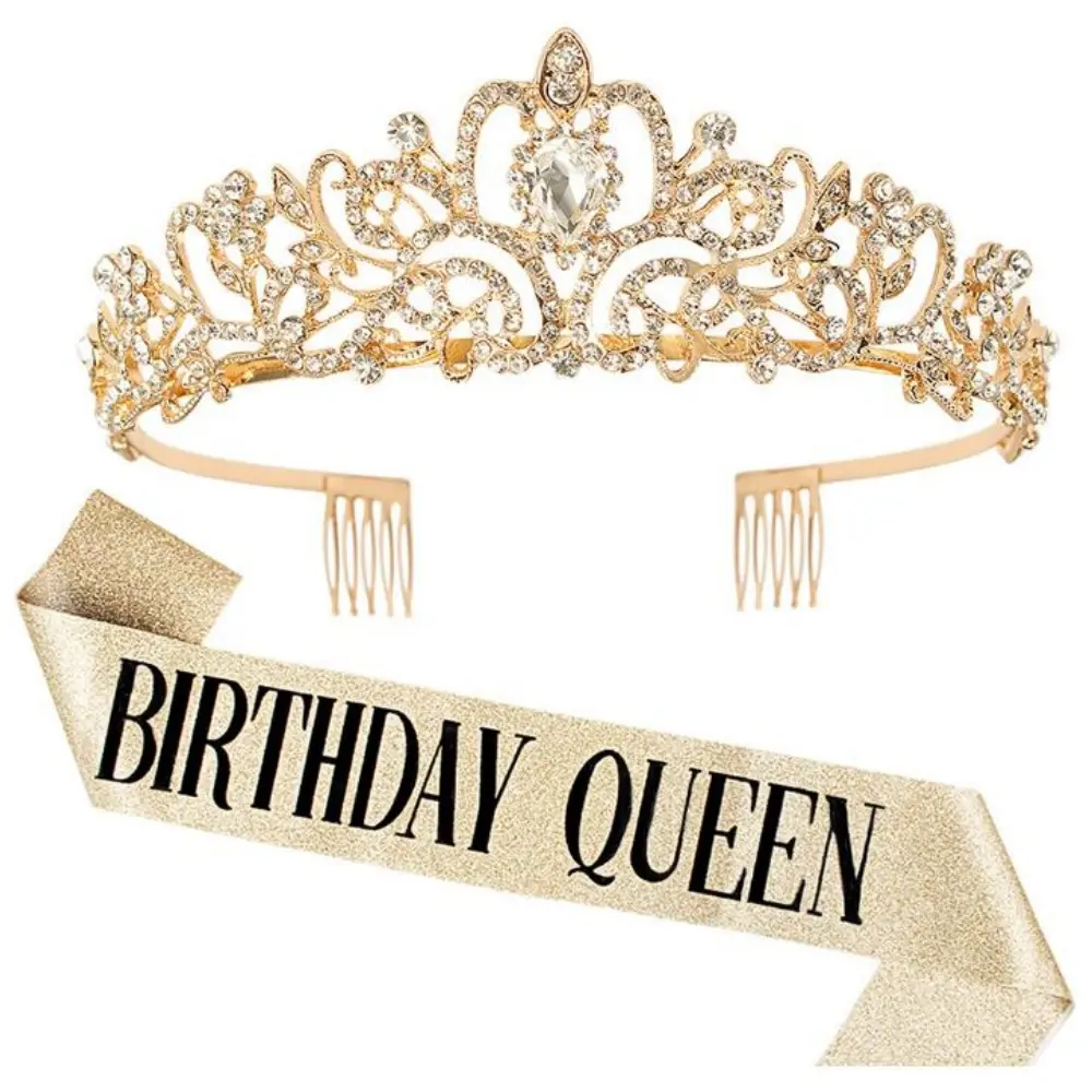 Birthday Queen Glitter Alloy Set - 3.5 Inches Adjustable Sash, 4.92 Inches Rhinestone Tiara Headband for Birthday Party Favors, 3.5 Inches Sash