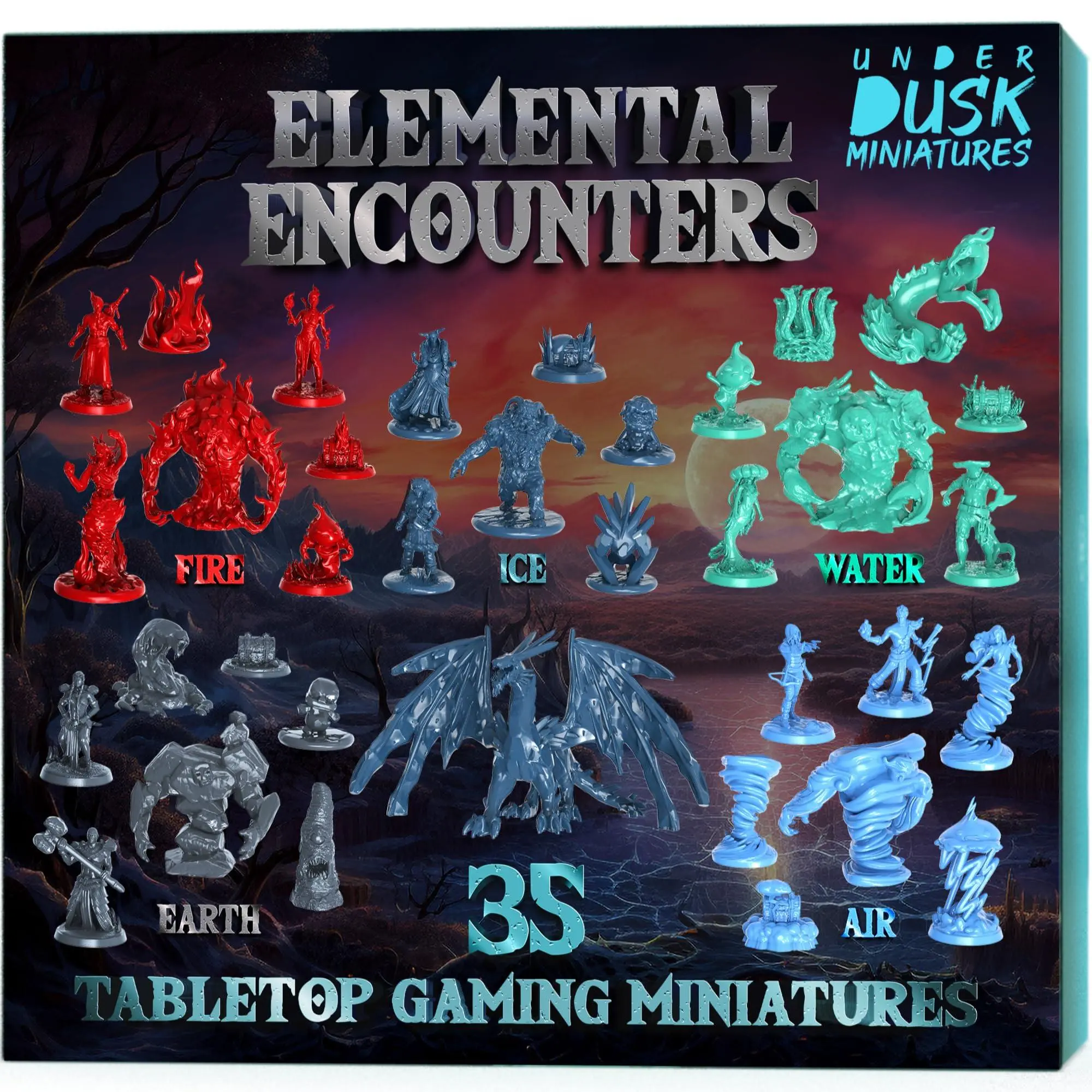 Underdusk: Elemental Encounters - 35 Unpainted DND Bulk Miniatures for D&D, TTRPG, Pathfinder & Dungeons and Dragons | Includes Fire, Ice, Water, Air, and Earth Elements with Stat Blocks