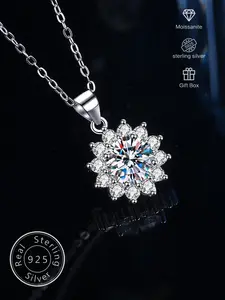 S925 Sterling Silver Synthetic Moissanite Decor Flower Pendant Necklace for Women, Elegant Jewelry for Party, Daily Decor, Trendy All-match & Exquisite Jewelry for Birthday Gift