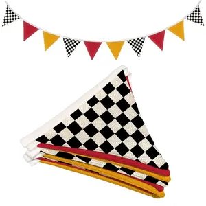 Boys Room Checkered Flag Banner 5.5Ft Cars Room Decor for Toddler Nursery Playroom Black and White Checkered Garland Triangle Banners for Baby Shower Birthday Party Red & Yellow
