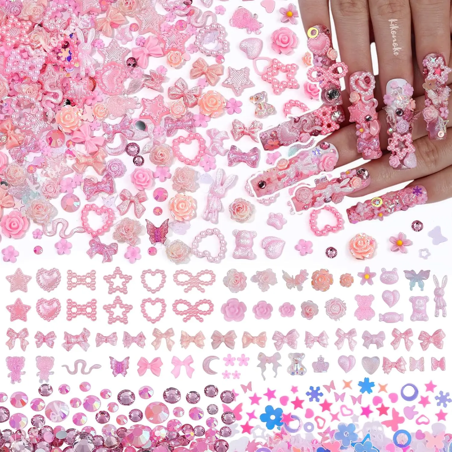 Halloween Fall Gift 400PCS Pink Nail Charms Kit – 3D Nail Gems, Rhinestones, Pearls, Hearts, Rabbits, Butterflies & Flowers for Acrylic Nail Art & DIY Crafts