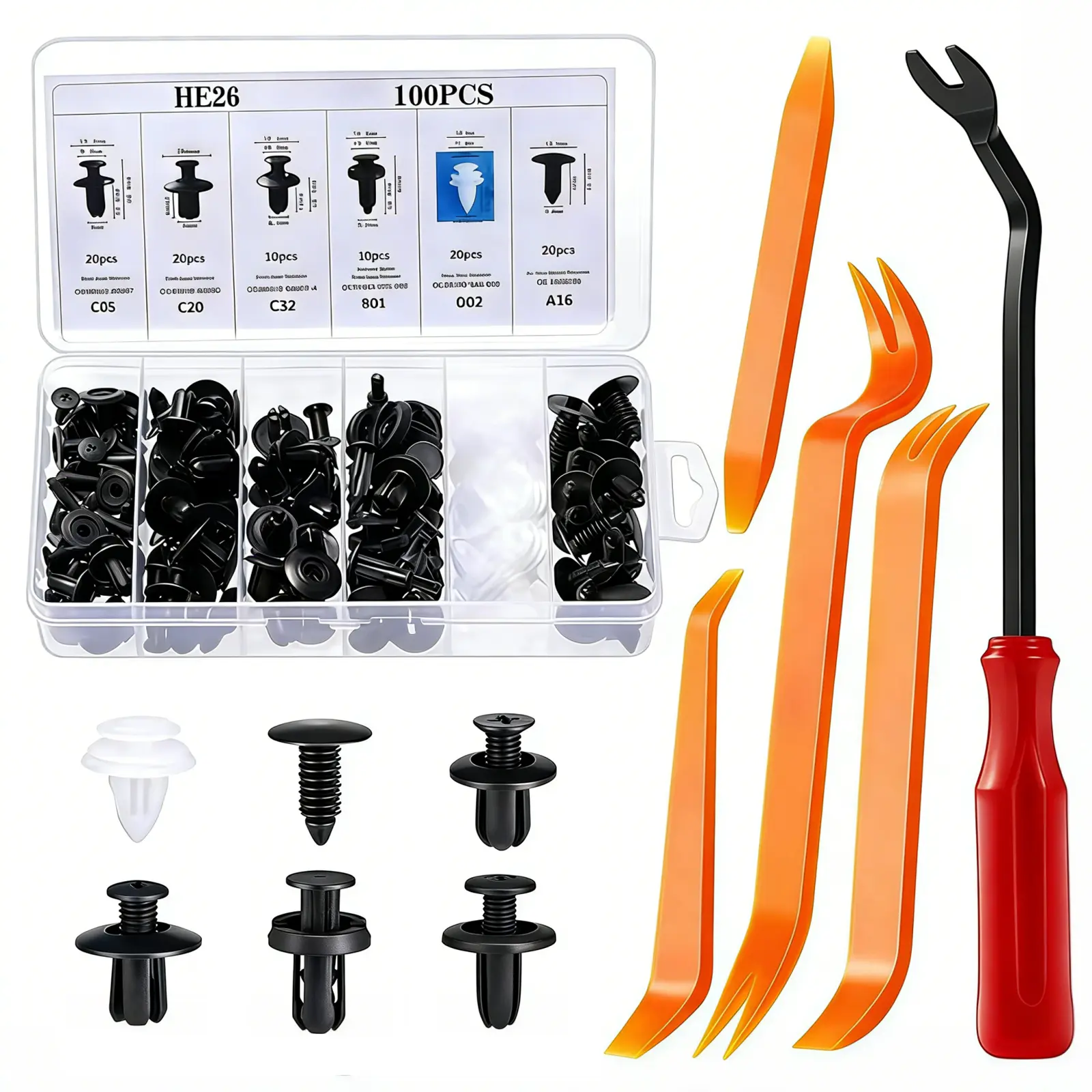 100Pcs Car Bumper Retainer Clip Kit It includes push-on retainers, snap fasteners, bumper clips, plastic rivets, rack pins and a fastener remover. Fits most vehicles like Kia, Toyota, GM, Ford and Honda, car clip