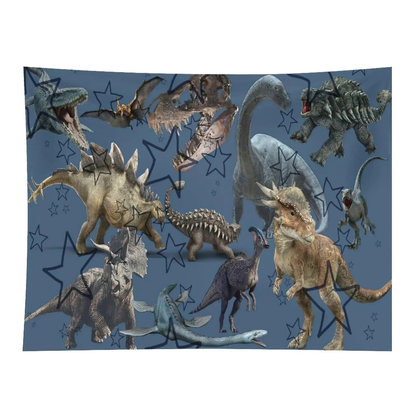 Realistic Dinosaur Tapestry Blue Jurassic Dino Collage Wall Hanging for Boys Bedroom Decor