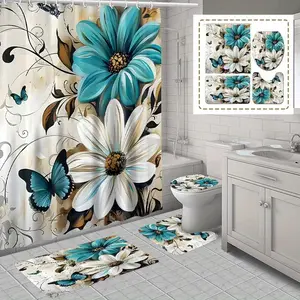 Flower Pattern Bathroom Decorations, 4 Counts/set Including Shower Curtain & Toilet U-shape Mat & Bathroom Mat & Toilet Lid Cover, Bathroom Decoration Supplies, Bathroom Decoration Accessories, Restroom Bathroom Accessories