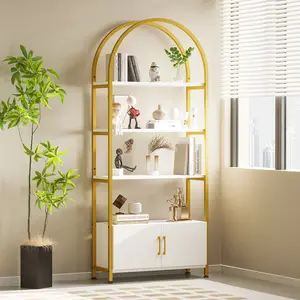 Arched 4-Tier Bookshelf with Doors, 71.5" Tall Industrial Metal Frame Bookcase, Freestanding Open Display Rack, Wooden Storage Shelves, Home Office, Bedroom, Living Room