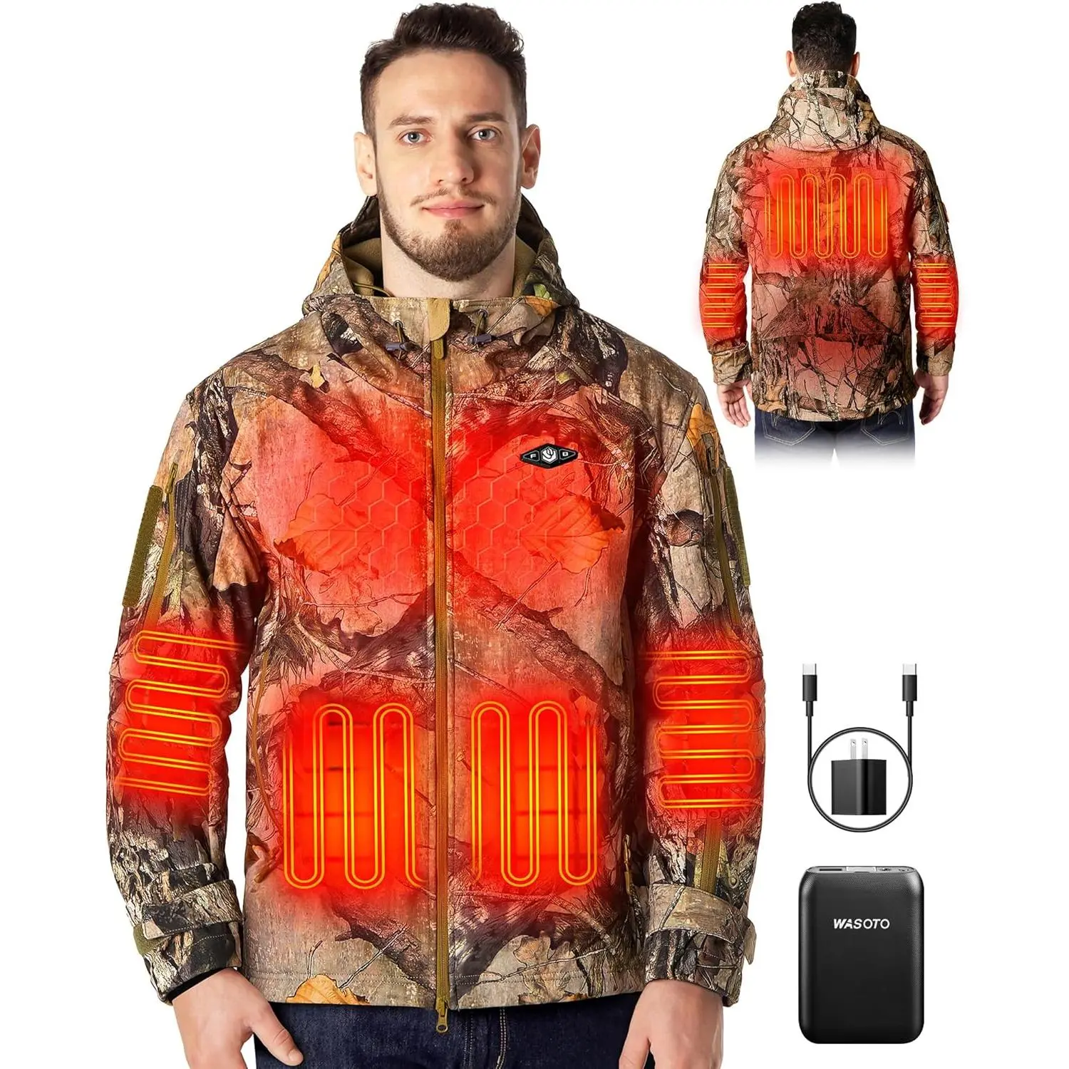 Men's Heated Jacket, Long Sleeve Spandex Outerwear, Windproof & Water-Resistant with 5 Heating Zones & 18400mAh Battery Pack, Menswear, Tops, Festivals, Button, Adjustable, Drawstrings, Hook And Loop, Polyester Blend, Fast Charging, Heat Zones, Fabric, 35