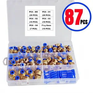 87-Piece Pneumatic Quick Connect Fittings Set, Solid Brass Connectors, Includes 6mm-M5, 1/8, 1/4, 3/8, 1/2 Bsp Threads, High Pressure Leak-Proof Design
