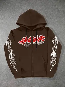 Men's Letter Print Drawstring Zip Hoodie, Street Casual Loose Pocket Long Sleeve Hooded Top, Men Clothes for Fall & Winter Daily Wear