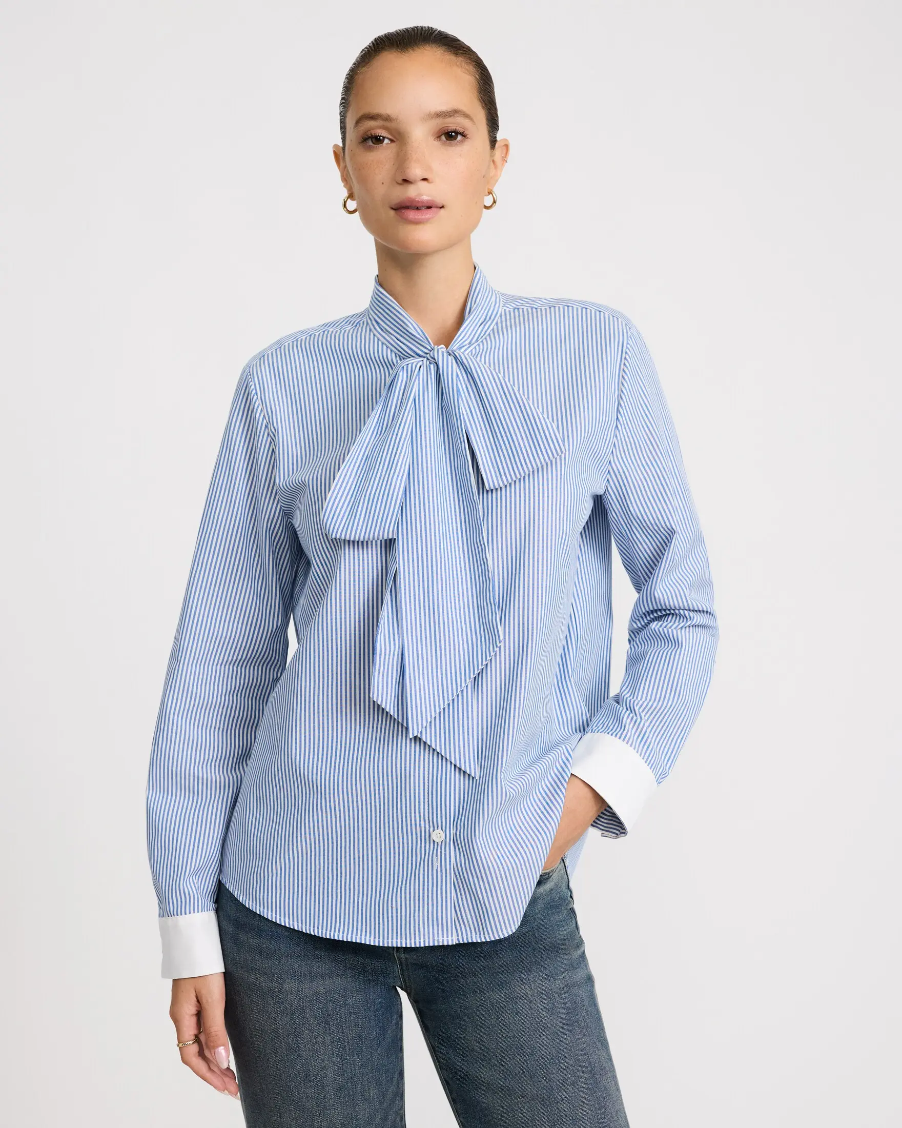 Express Cotton Poplin Striped Tie Neck Shirt