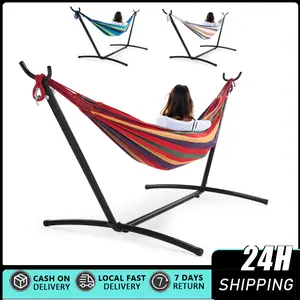 Double Cotton Blend Soft Hammock Seat - Space-Saving Steel Frame, Adjustable Height, 450 lbs Max Capacity, Upgraded Polyester End Strings, Premium Carry Bag, Patio Outdoor Furniture