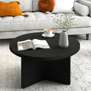 Modern Minimalist Black Wood Round Coffee Table 27.6' Diameter Scratch-Resistant Side Table for Living Room & Small Spaces