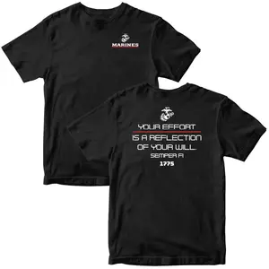 Men's Unisex USMC Reflection of Will 100% Cotton T-Shirt & Hoodie, Classic Round Neck Graphic Top, Semper Fidelis Flag Design, Ribbed Details, Soft Casual Streetwear for Everyday Wear