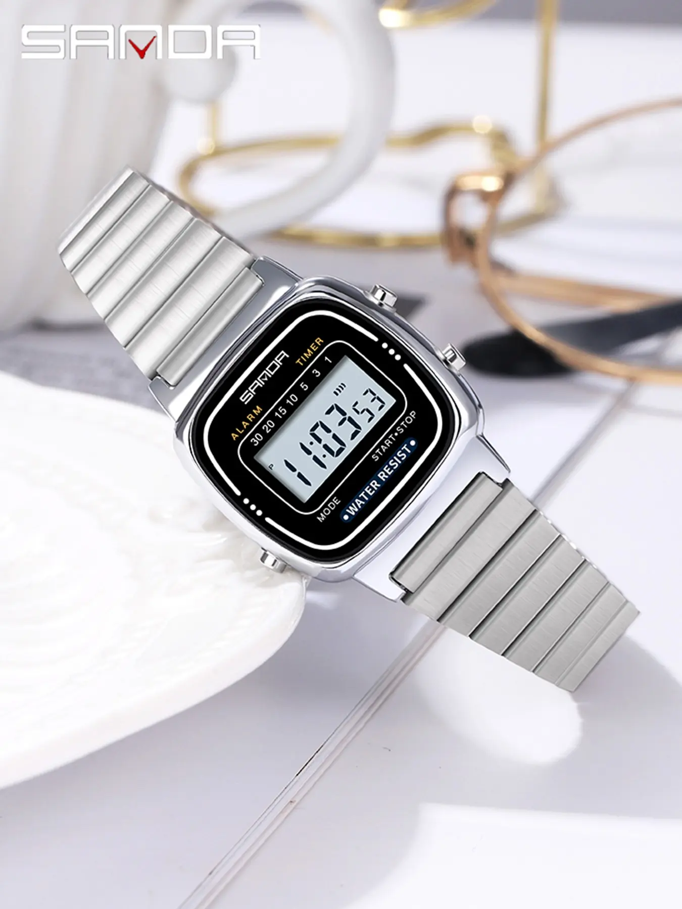 SANDA 6053 Digital Watch for Women Square Wristwatch Waterproof Sports LED Display Timer Wristwatches, Fashionable Waterproof Wristwatch, Stainless Steel Wristwatch, Watch with Luminous & Alarm & Calendar Function, Multifunctional Watch with Box