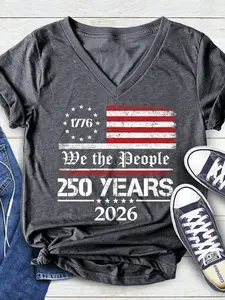 Women's Deep V-Neck Short Sleeve Fitted Casual Everyday Usa Flag Print T-Shirt, Independence Day Memorial, Patriotic Summer Top, Trendy and Versatile