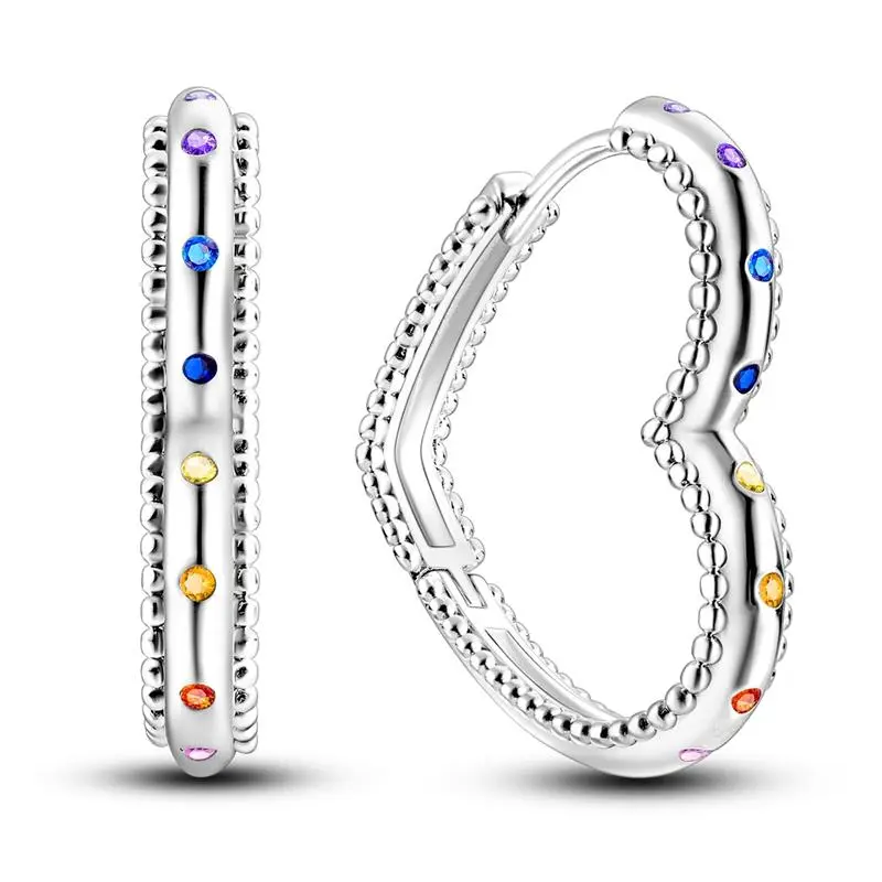 NARMO S925 Silver-Plated Rainbow Heart Hoop Earrings - Luxury-Inspired Inlay Heart Beaded Open Circle Large Earrings with Colored Zircon, Ideal Gift for Ladies for Valentine's Day, Birthday, Large Hoop Earrings, Heart Beaded Earrings