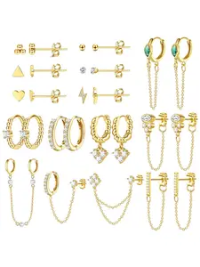 Classic 27 Pcs Golden Earring Collection, Stackable Earrings, for Unisex Copper Stainless Steel Piercing Jewelry Multi-hole Ear Styling Cartilage Studs Glossy Ball Shimmering CZ Elegant Dangle Chain Pieces Versatile Set Meets Diverse Daily Matching Needs