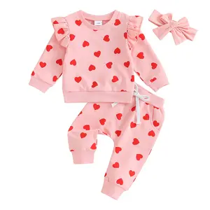 Toddler Baby Girl Valentine's Day Outfit Matching Sets Long Sleeve Heart Sweatshirt Jogger Pants Headband 3Pcs Set