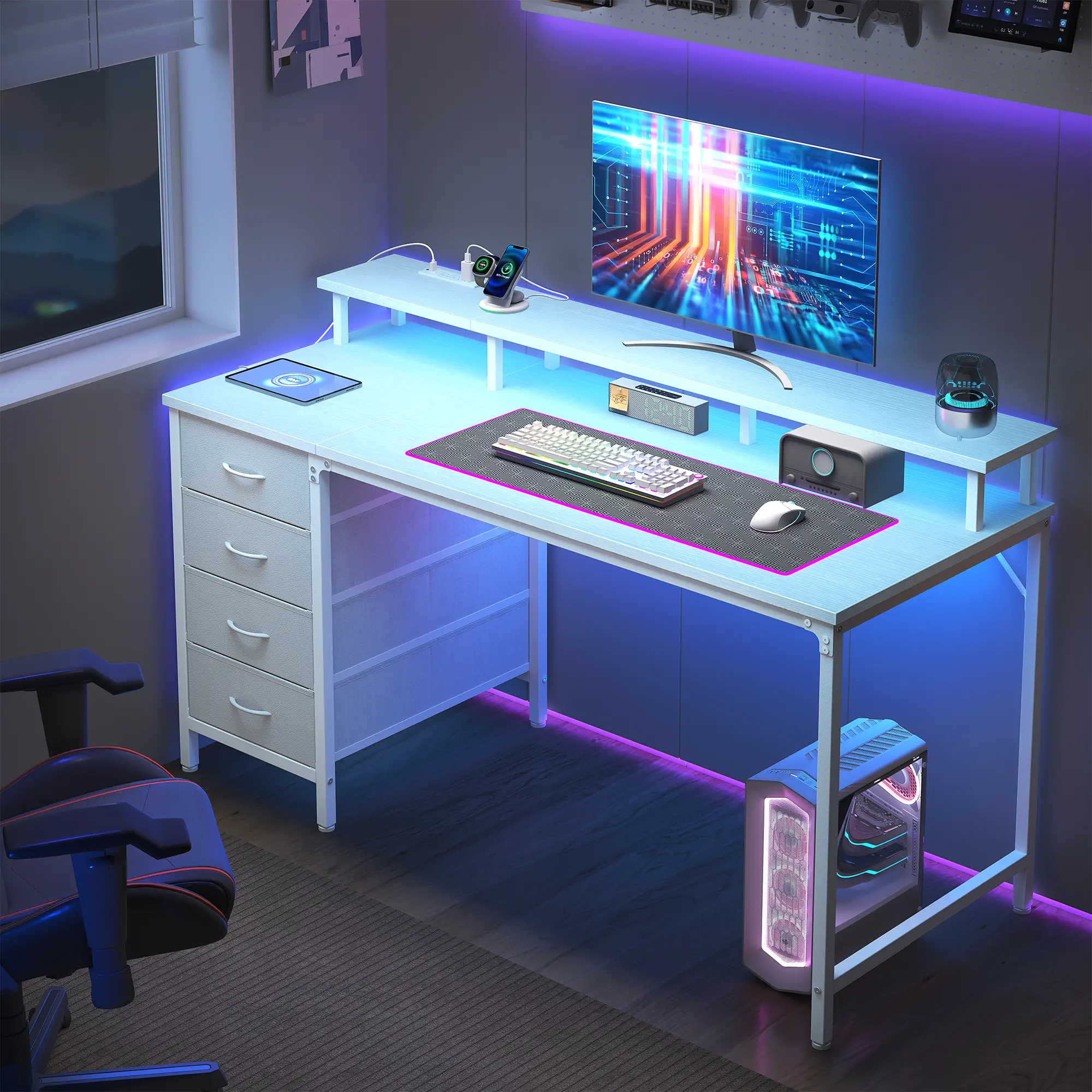 Sweetcrispy 4-Drawer Computer Desk - Gaming Desk with Power Outlets, LED Lighting, Monitor Shelf, Modern Wood/Metal Build, Easy Setup for Small Spaces, Home Office or Bedroom